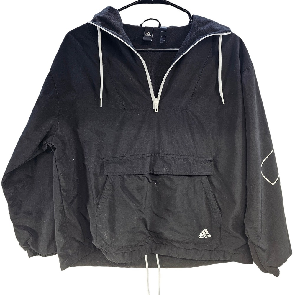 Adidas Black Anorak Hooded Pullover Jacket White Logo Sz S